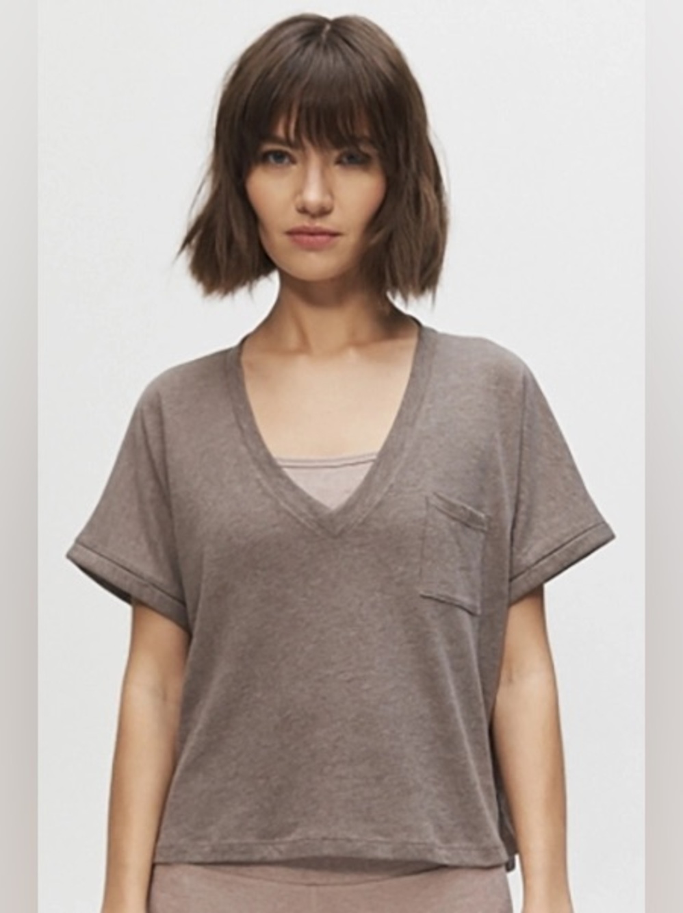 Beyond yoga Relaxed V-Neck Short Sleeve Top in Taupe